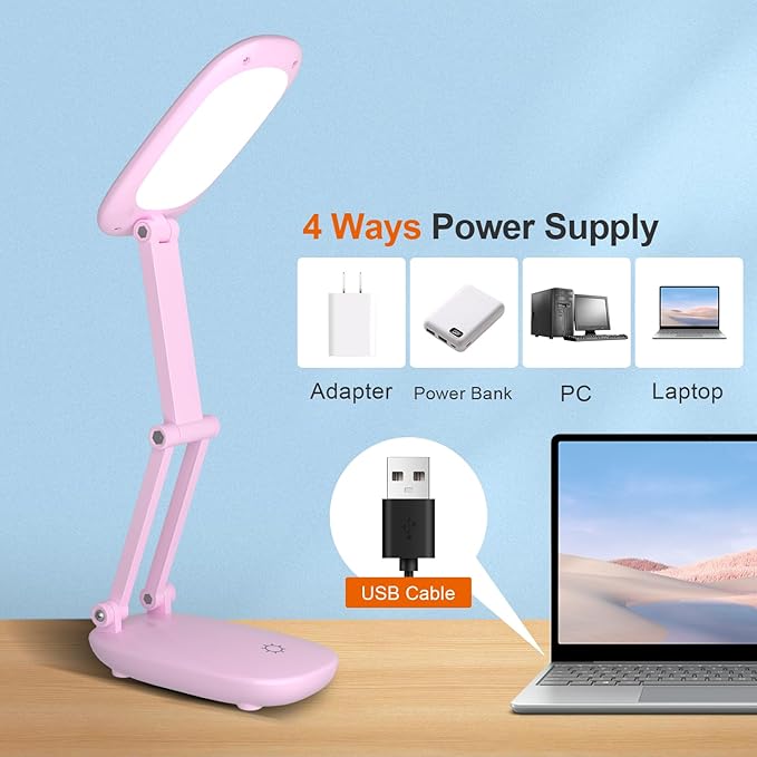 LED Desk Lamp for Office Home & Battery Operated Lamp Rechargeable Lamp Foldable & Portable Light, [2-Fold Bracket] 3 Brightness Dimmable Small Desk Lamp Wireless Reading Lamp (Pink)