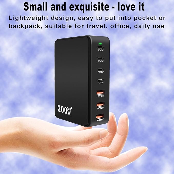 USB C Multi Charger Charging Station 200W 7-Port GaN Fast Charging Brick PD 3.0 TypeC and USB A Wall ChargerPower Adapter for All iPhoneiPadSamsung Android Pixel Series (Black)