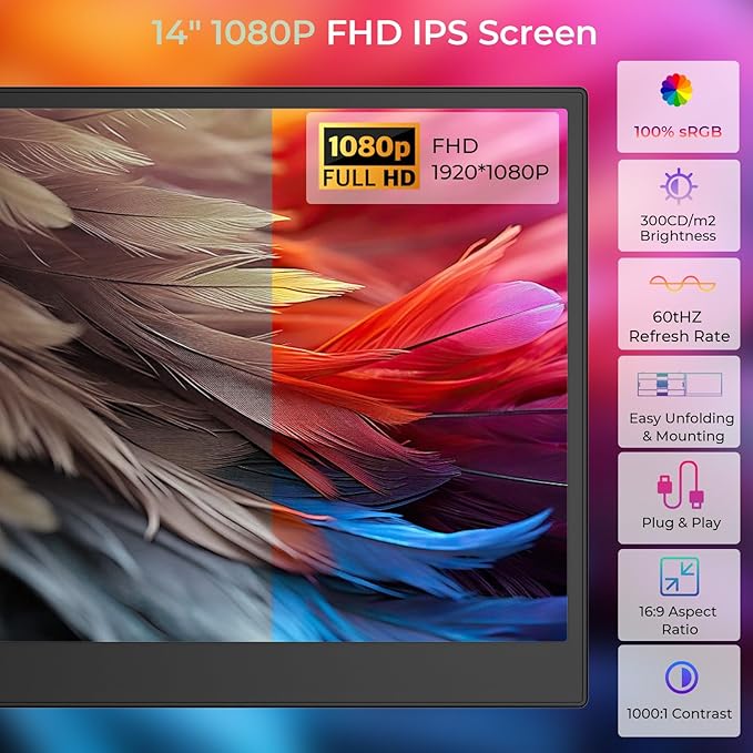 ZUMWALT Laptop Screen Extender, 14" FHD 1080P Dual Portable Monitor for Laptop, Ultra-Thin Travel Monitor Extender Fit 13”-17.3”, Plug and Play Compatible with Windows/Mac/Android/Chrome/Switch