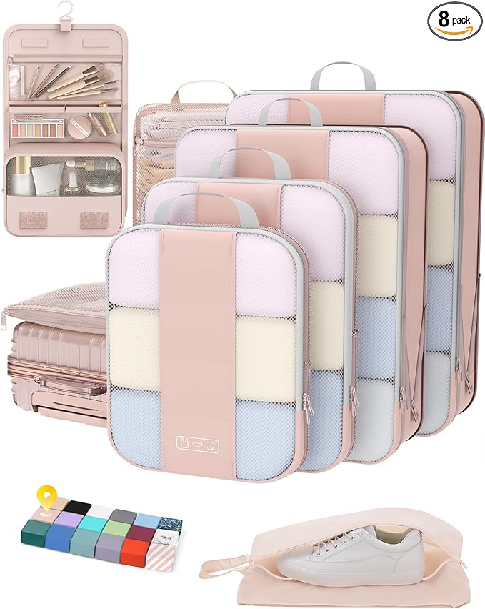 8 Set Compression Packing Cubes for Travel Essentials,Compressible Expandable Packing Cubes for Suitcase,OlarHike Luggage Organizer Bags for Travel,Handy Helper for Organizing Clothes(Beige)