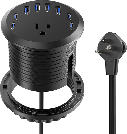 Jgstkcity 65W USB-C Hidden Desktop Power Grommet: 1 AC Outlet,8 USB Charging Ports,3'' Hole Flush Mount Pop-Up Power for Conference Tables & Nightstands (Black, 6 FT)