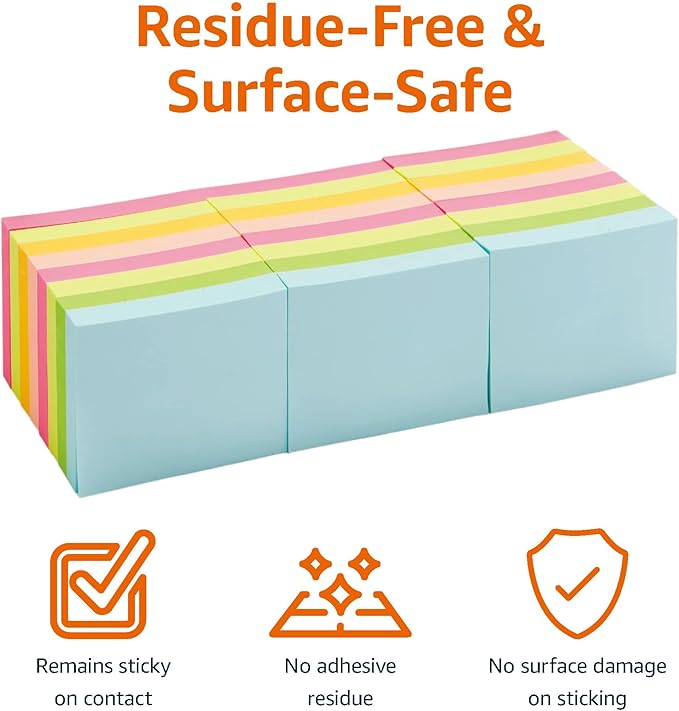 Amazon Basics Mini Rectangular Sticky Notes, 1.5x2 Inches, Bright Colors Self-Stick Pads, Easy to Post for Home, Office, Notebook, 70 sheets/Pad, Pack of 24