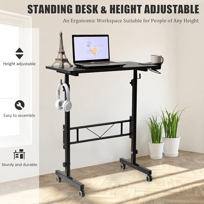 SIDUCAL Standing Desk Adjustable Height, Small Mobile Table with Wheels, Rolling Desk for Standing or Sitting, Portable Computer Desk for Walking Pad, Black