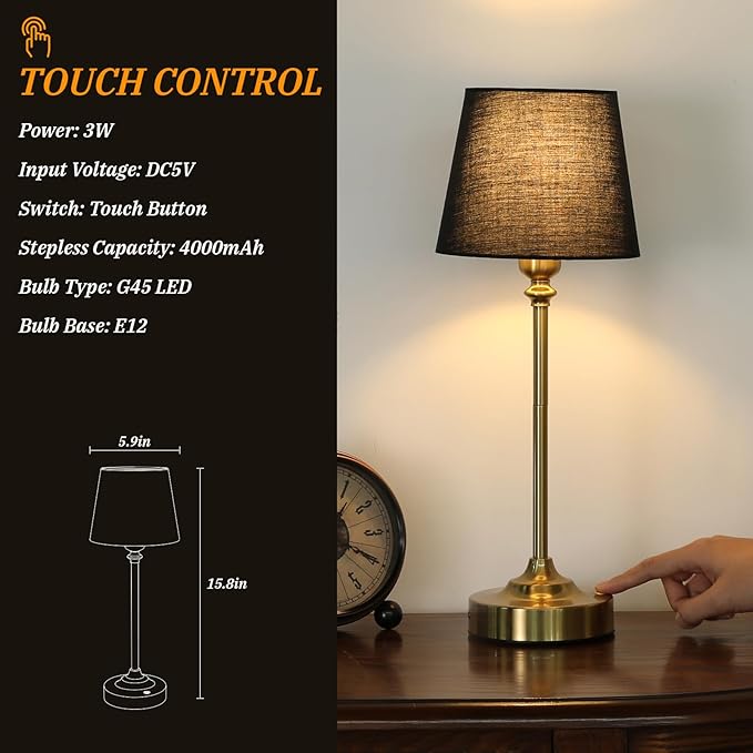 Kakanuo Cordless Table Lamps Rechargeable Set - 2 Pack Brass 4000mAH Battery Operated Lamps for Decor, 3000K Stepless Dimming Touch Wireless Lamp for Bedroom, Dining Table, Living Room, Black Shade