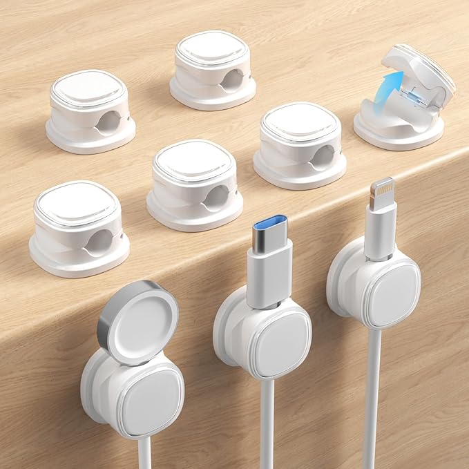 9 Pack Cord Organizer, Spring Cable Management, Adhesive Cute Cable Holder Clips, Phone Charger Wire Keeper for Desk Nightstand Car Office (9-Pack White)