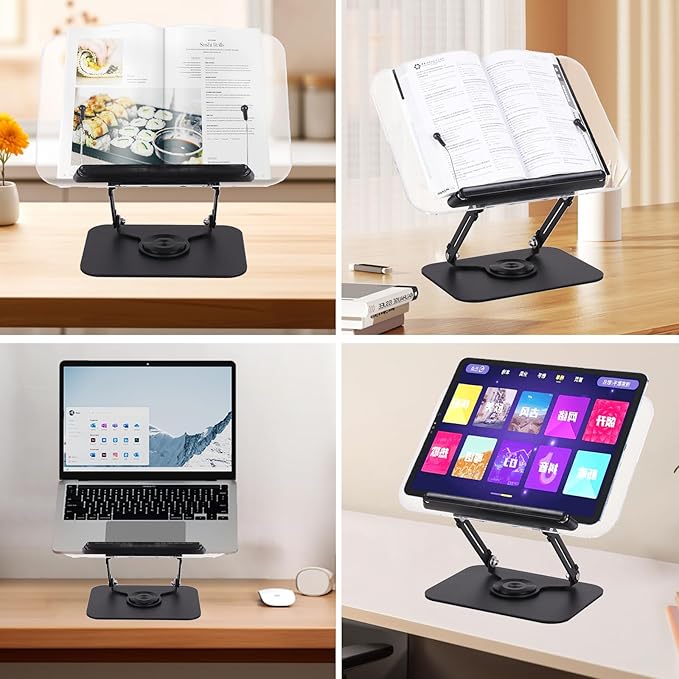 ASIEIT Book Stand for Reading, Acrylic Adjustable Book Holder with 360° Rotating Bases & Elastic Page Clips, Foldable Multifunctional Display Stand for Bible, Laptop, Recipe, Tablets, Textbook