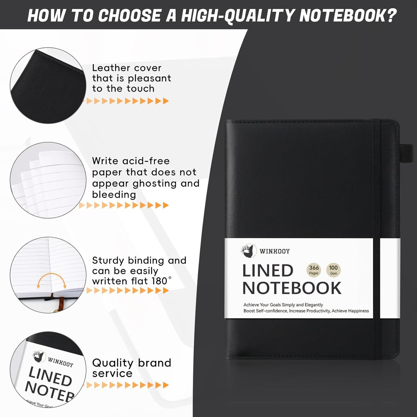 Lined Journal Notebook, 366 Pages, 100Gsm Leather Hardcover Journals for Writing Thick A5 College Ruled Classic Notebook with Pen Loop, Daily Journal for Women Men, 5.75'' X 8.38'', Black