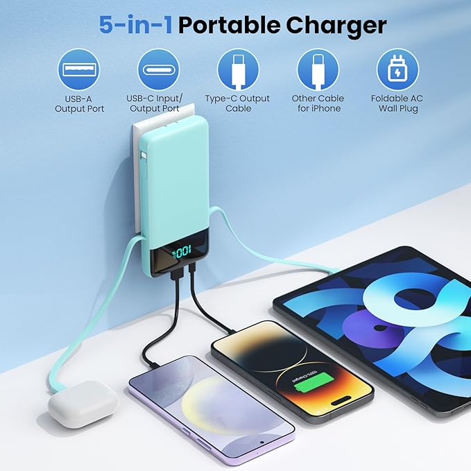 Portable Charger for iPhone with Built in Cables and Wall Plug,Upgraded 13800mAh Fast Charging USB C Power Bank,4 Outputs Travel Essential Battery Pack Compatible with iPhone 15/14/13/12,Samsung-Green