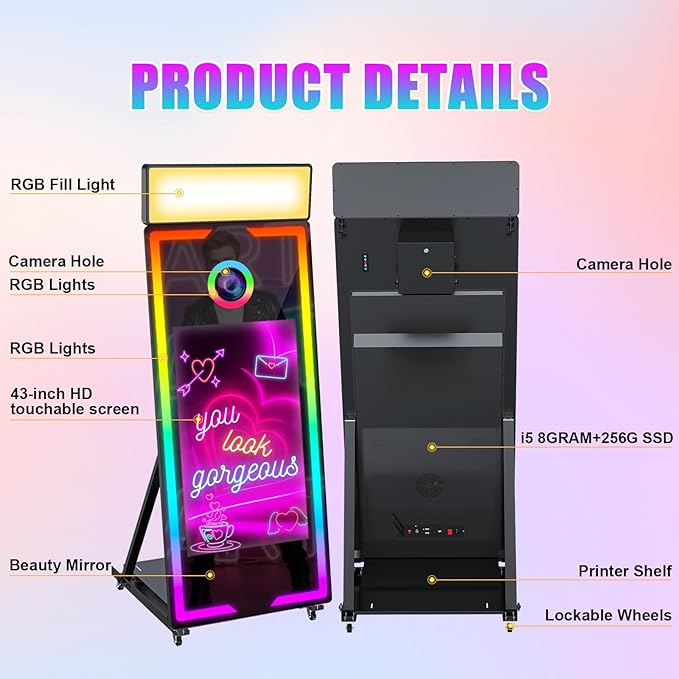 Mirror Photo Booth with Camera and Printer, 65" Magic Mirror Photo Booth, 43" Touch Screen Built-in Mini PC with Instant Print and Sharing, Music Sync Control RGB Light (Black, 65-43" Full Set)