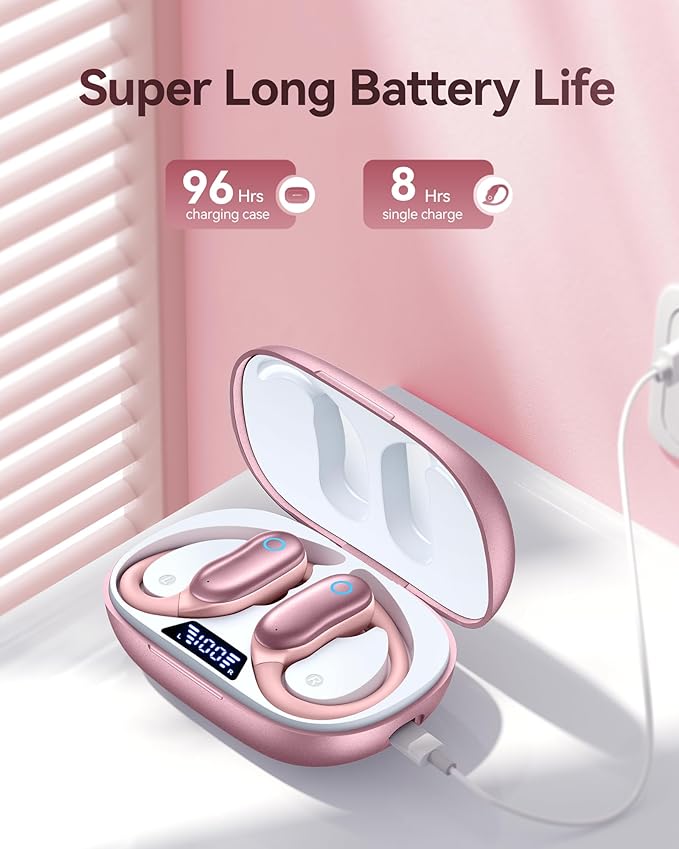 GNMN Active Noise Canceling Ear Buds Wireless Earbuds 96hrs Playback Bluetooth Headphones IPX7 Waterproof Stereo Bass Over-Ear Earphones with Earhooks Microphone LED Battery Display for Sports/Workout