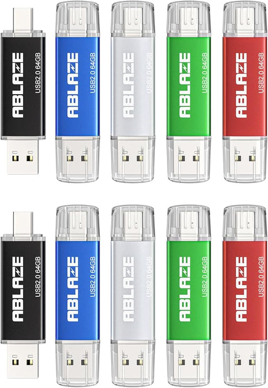 ABLAZE 64GB Type C Flash Drive 10 Pack, Dual USB 2.0+USB C Memory Stick Thumb Drive Compatible with iPhone 16/15, Android Smartphone, Computers, Tablets, Mac,iPad,PC