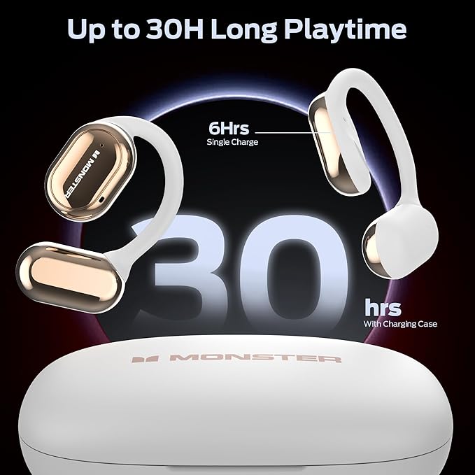 Monster Open Free AC100 Open Ear Headphones, Bluetooth 5.3 Wireless Headphones with Earhooks,Immersive Stereo Sound by Dual Large Driver, Clear Talk, 30H Playtime,Waterproof Earbuds for Running, White