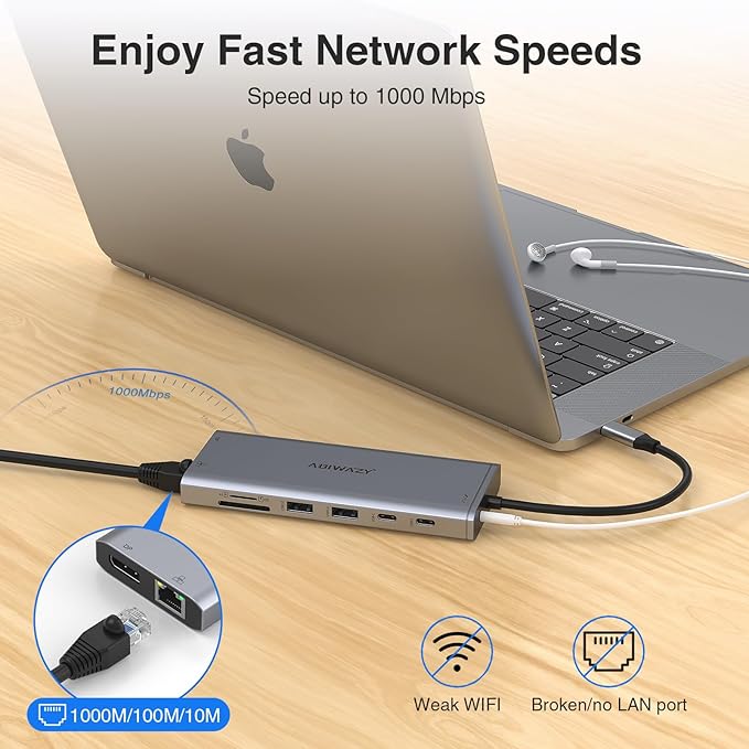 USB C Hub USB-C Docking Station Dual Monitor 14 in 1 Triple Display Multiport Adapter with 2 HDMI+DP+7 USB Type C/A Ports+Ethernet+Audio, USBC Dongle for Dell/HP/Lenovo ThinkPad/Surface(Grey)