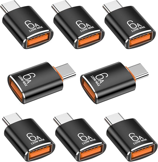 8 Pack 10Gbps/120W Type C Male to USB Female OTG Adapter, Black USB C to USB3.1 Adapter for Smartphone, PC, Laptop, Tablet, Keyboard etc.