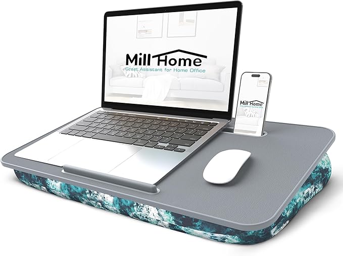 MillHome Blue Lap Desk with Cushion, Fits up to 17 inch Laptop, Tablet Slot and Stopper