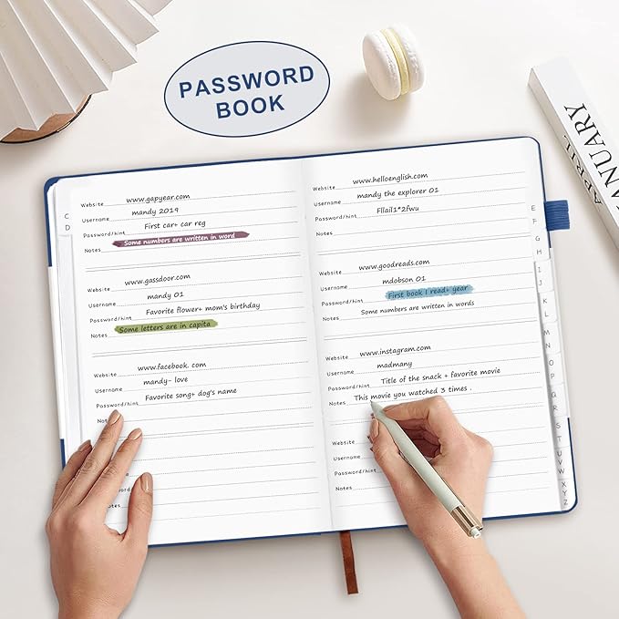 Password Book with Alphabetical Tabs, Hardcover Password Keeper, A5 Size 8.3"x6" Password Notebook for Saving Internet Login, Username, Password Organizer for Computer & Website Logins, Blue