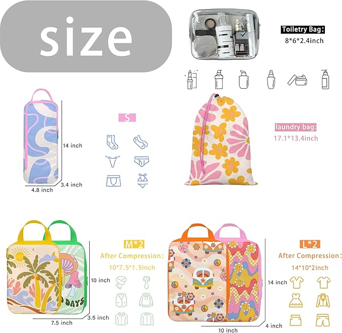 8 Pcs Compression Packing Cubes Travel for Suitcases, Waterproof Luggage Organizer Washable Storage Bags Set for Backpack Travel- Packaging Cubes for Carry-Ons and Storage