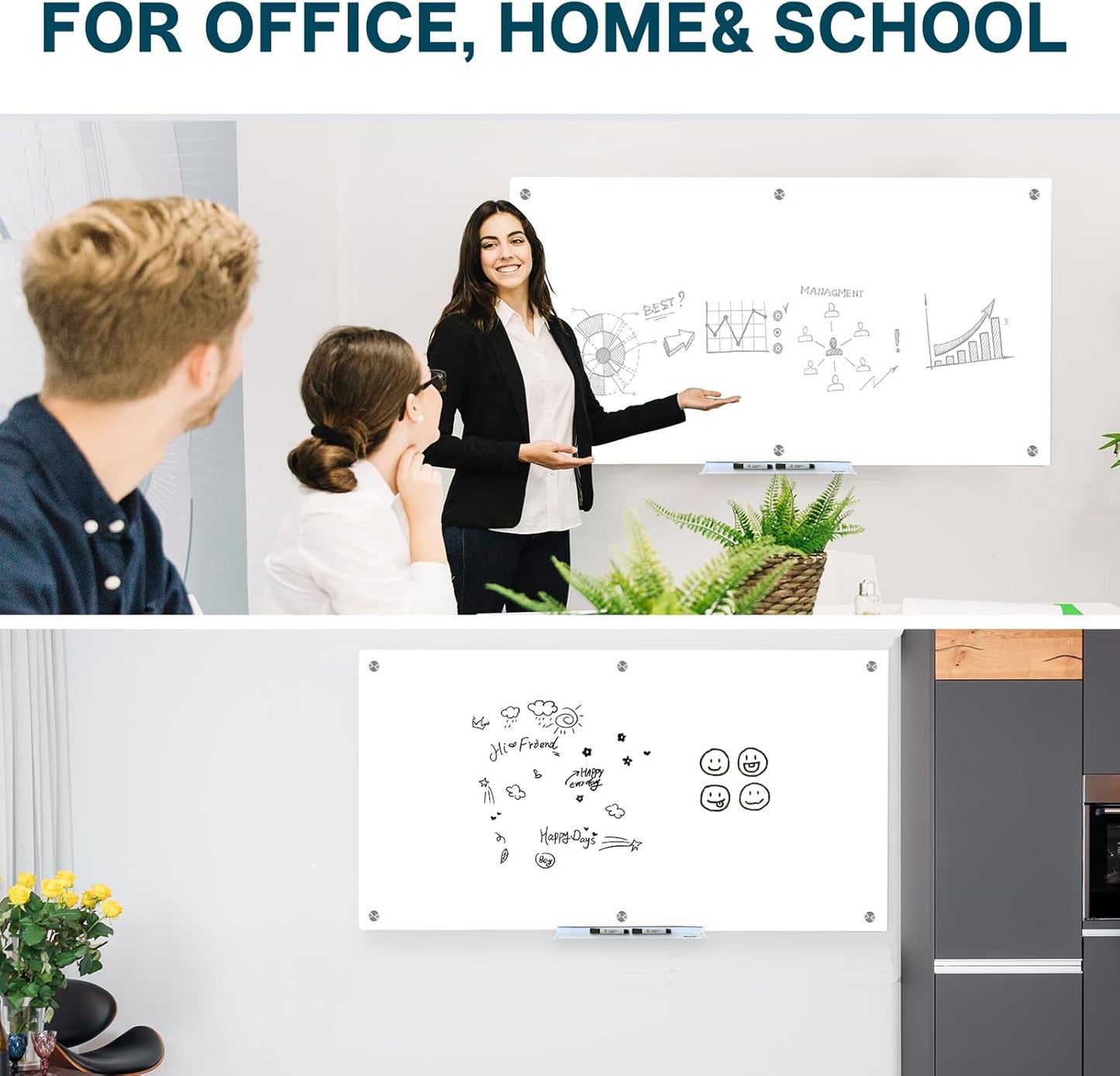 J&J worldwide Glass Whiteboard, Magnetic Brilliance White Glass Dry Erase Board 6' x 4', Includes Markers, Marker Tray, Eraser for Wall, Office, Home, School