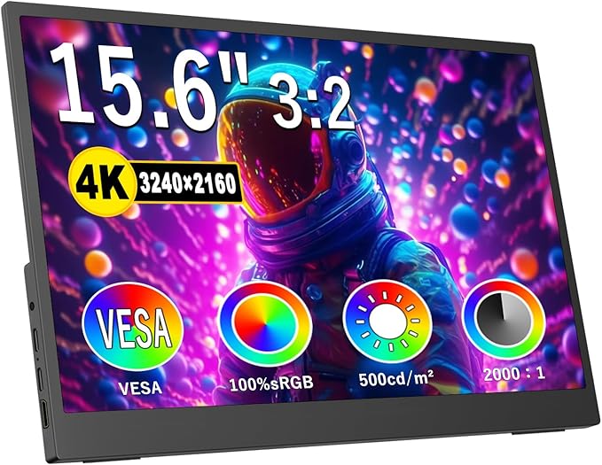 4K Portable Monitor, 15.6 Inch Screen Extender 3840×2160 UHD, 500 Nits 100% sRGB with 45° Adjustable Stand, HDMI & USB-C Computer Display for Travel Monitor Laptop & PC Mac Phone Xbox PS4 Switch