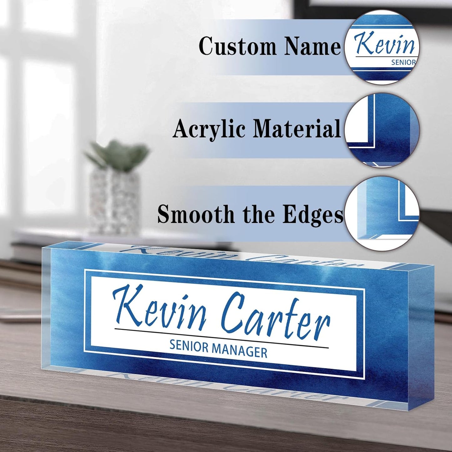 Name Plate for Desk Personalized, Acrylic Desk Decorations, Employee Appreciation Gifts, Custom Office Gifts for Coworkers, Boss, Teacher, Nurse (Blue White Marble)