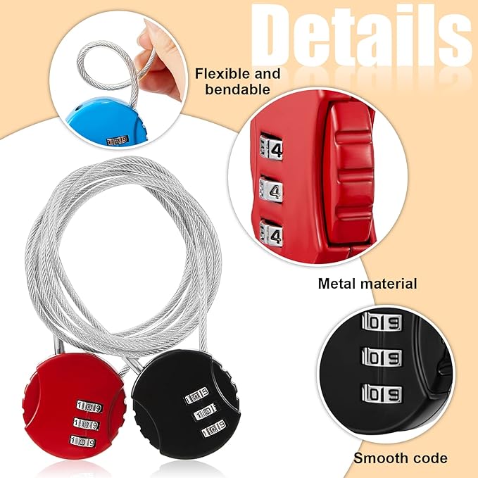 3 Pieces Cable Luggage Locks 3 Digit Combination Locks Combo Locks Wire Stroller Locks TSA Approved Padlocks for Travel Bike Backpack Cabinet, 30 Inch Wirerope (Black,Blue,Red)