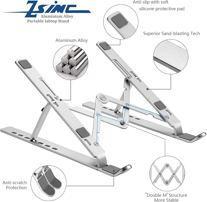 Laptop Stand, Laptop Riser Computer Stand for Desk, Adjustable Aluminum Foldable Portable Desktop Holder, Compatible with MacBook Air pro, iPad, Lenovo, 10-15.6” Laptop and Tablets (Silver)