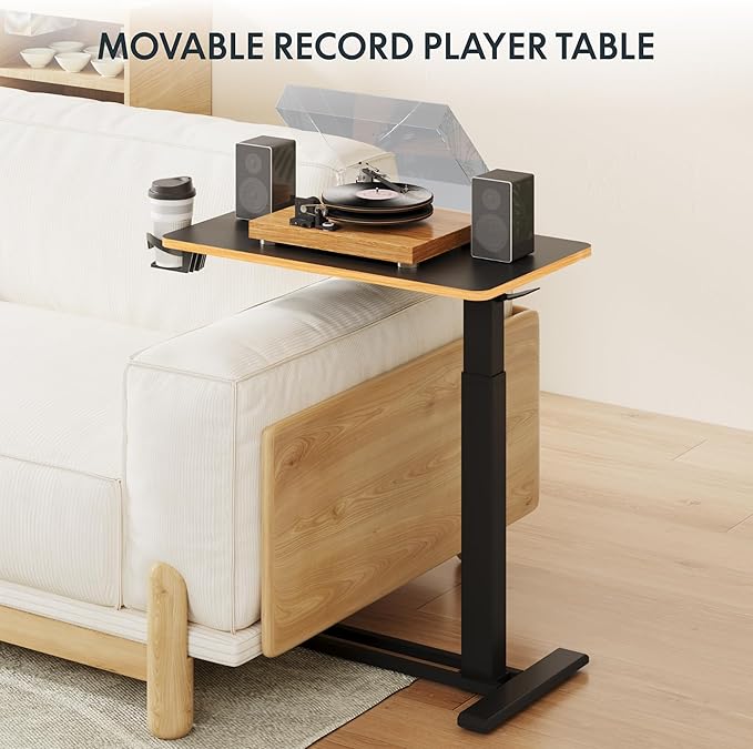 FLEXISPOT H7 Adjustable Overbed Bedside Table with Wheels Pneumatic Mobile Standing Desk Laptop Desk Rolling Computer Cart Movable Overbed Tables Hospital Home Use(27.6" W x 15.7" D, Black Maple)