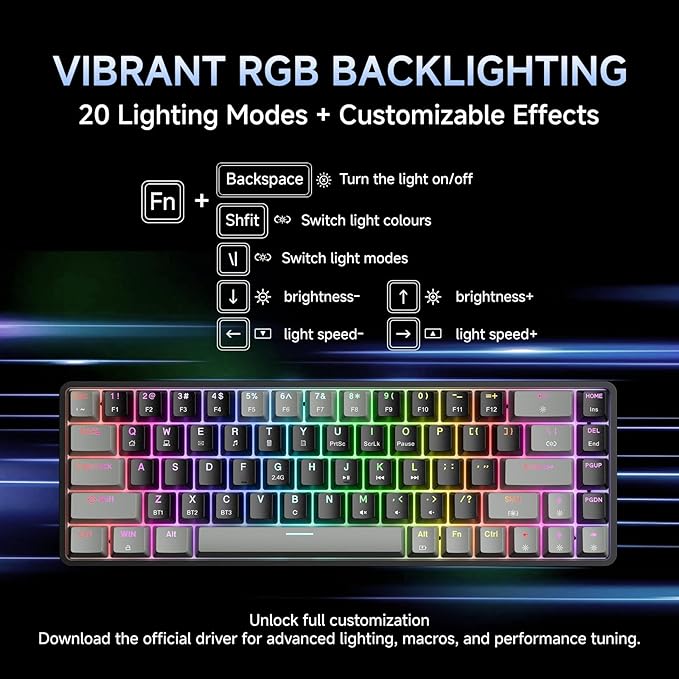 DIERYA DK68 60% Wireless Mechanical Gaming Keyboard, 3 Modes Bluetooth/2.4GHz/USB-C with Red Linear Switch, RGB Backlit, Anti-Ghosting, 68-Key Compact mini keyboard for Windows/macOS/Linux- Grey/Black