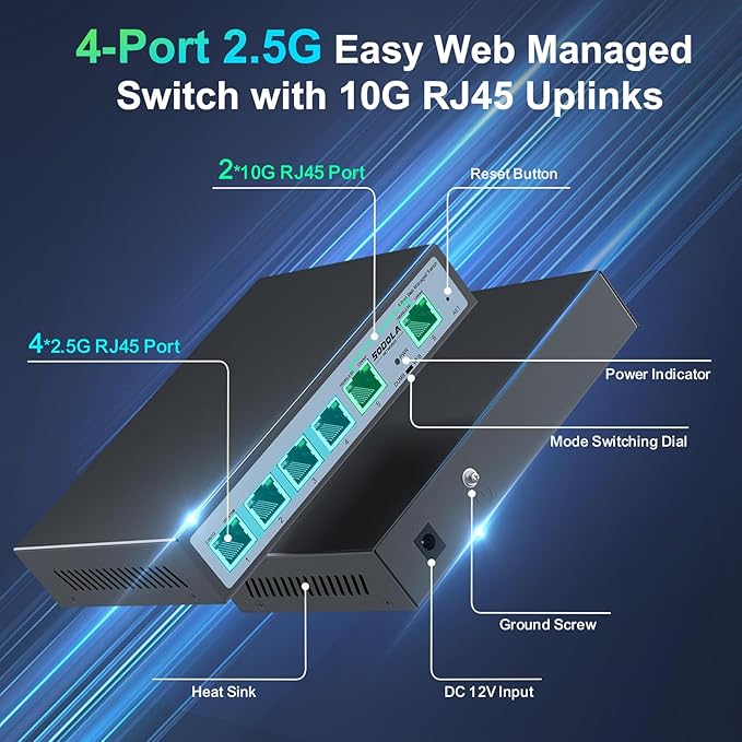 2.5Gb Easy Web Managed Switch, 2x10GBase-T Ports and 4x2.5GBase-T Ports, Full RJ45 Managed Ethernet Switch with Link Aggregation,VLAN,IGMP, 2.5G 10G Network Home-lab Switch