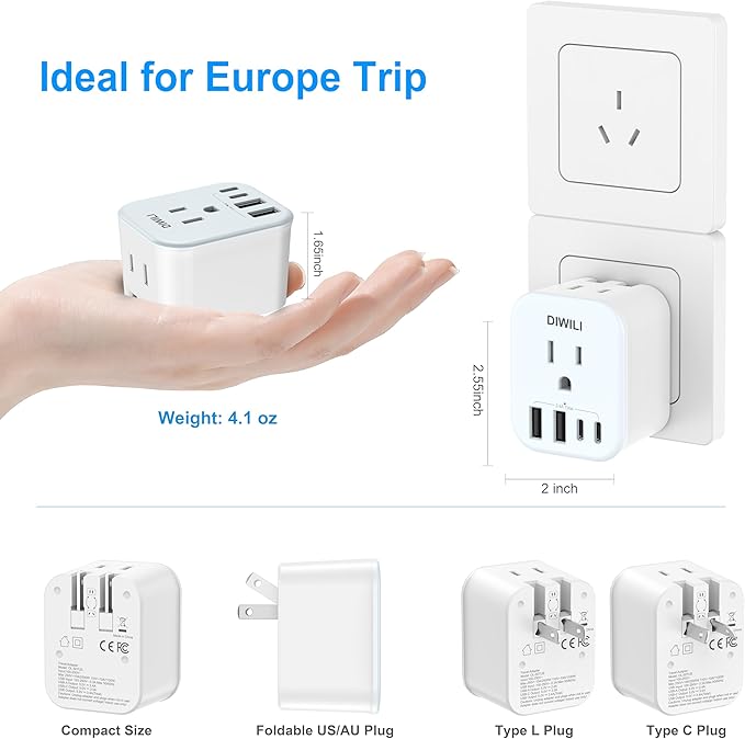 Australia Travel Plug Adapter, Foldable Power Adapter with 4 USB(2 USB C Port) and 2 Outlets Charger, 2 in 1 Type A/I Travel Adapter for US to Japan Canada Mexico AU Argentina Fiji(1 Pack)