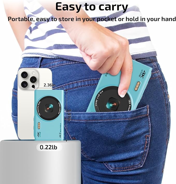 Digital Camera, FHD 4K 44MP Autofocus Point and Shoot Camera with 2.4" LCD 16X Zoom Portable Compact Cheap Camera for Teens Boys Girls Kids Adults (Blue)