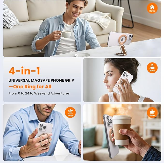 (2025 Newest) 4-in-1 Magnetic Phone Grip Stand for MagSafe with Finger Strap Loop,Removable Ring Holder for iPhone 17 Pro Max 16 15 14 13 12,Kickstand for Hands-Free View at Home Work Travel,Rose Gold