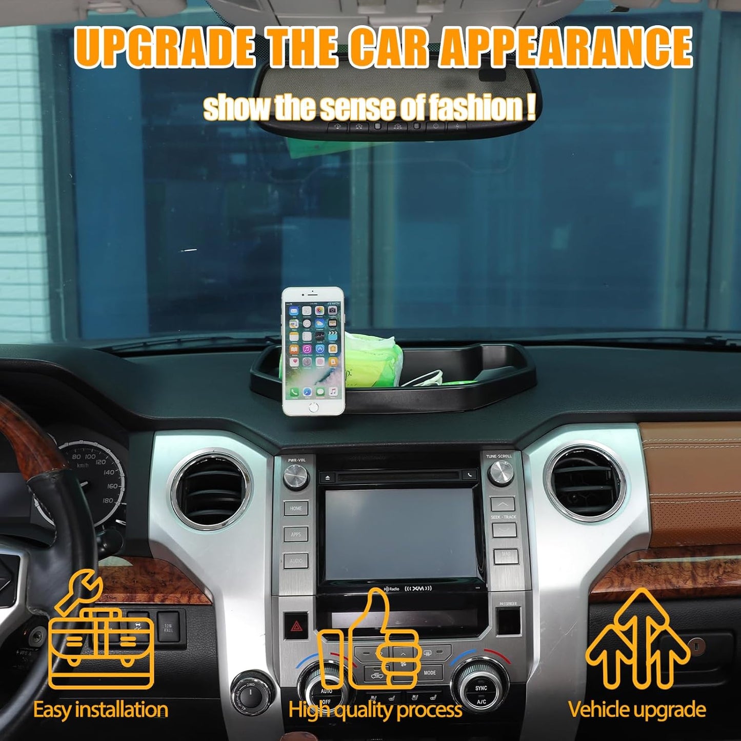 LLKUANG Black ABS Car Center Console Dash Table Storage Tray Fit for Toyota Tundra 2014-2021 Instrument Organizer Phone Holder Cradle Accessories (with Mobile Phone Holder(C))