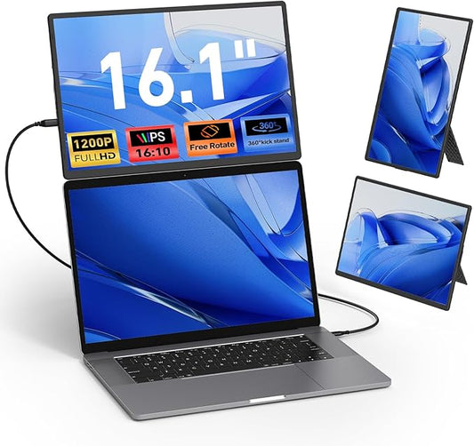 Laptop Screen Extender Monitor Portable - 16.1'' FHD 1200P Portable Screen for Laptops, 360° Rotating, Plug & Play, Detachable Stand, Height Adjustable Laptop Monitor Extender for Mac/Win/Phone/Tablet