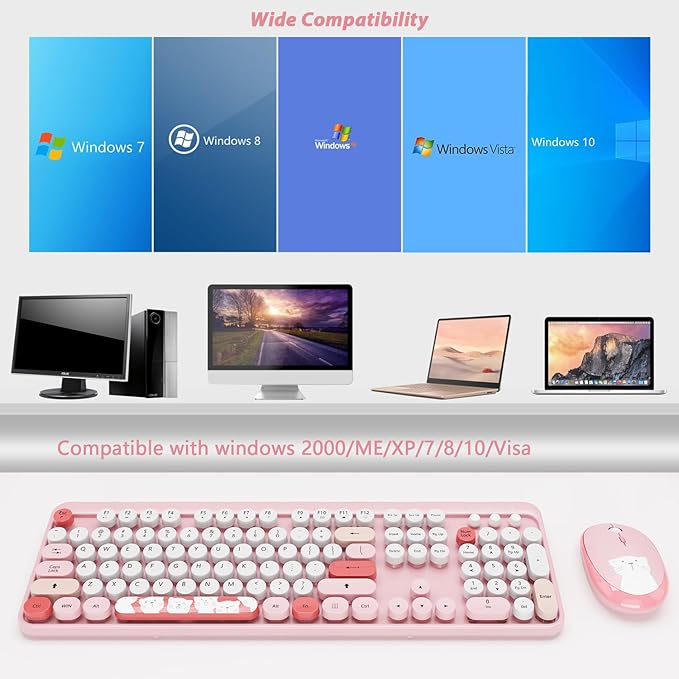 Wireless Keyboard,KOOTOP Cute Colorful 104 Keys Typewriter Retro Round Keycaps Keyboard for PC Laptop,Desktop,Windows, Home and Office Keyboards (Pink)