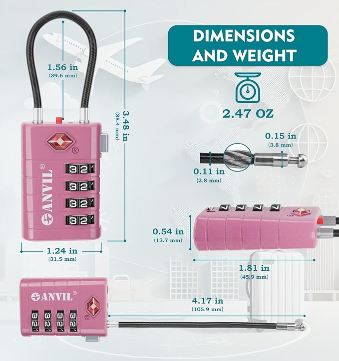 ANVIL 4 Digit Luggage Locks, TSA Locks for Luggage, Advanced TSA008 core, Alert Indicator for Your Travel Lock, Suitcase Lock. (4, Rose Purple)