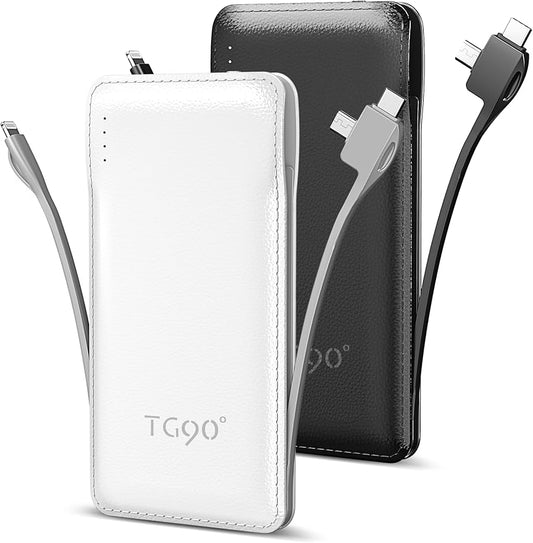 TG90° 2 Pack 10000mAh Slim Portable Charger with Built in Cables,Power Bank Travel Charger Cell Phone External Battery Pack,4 Output External Battery Pack Compatible with iPhone Android Phone