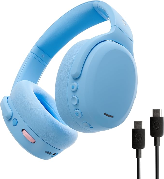 Skullcandy Crusher ANC 2 Wireless Over-Ear Bluetooth Headphones with Extra USB-C Charging Cable, Multi-Sensory Bass, Active Noise Cancelling, 60 Hours Battery, Microphone iPhone Android - Preppy Blue