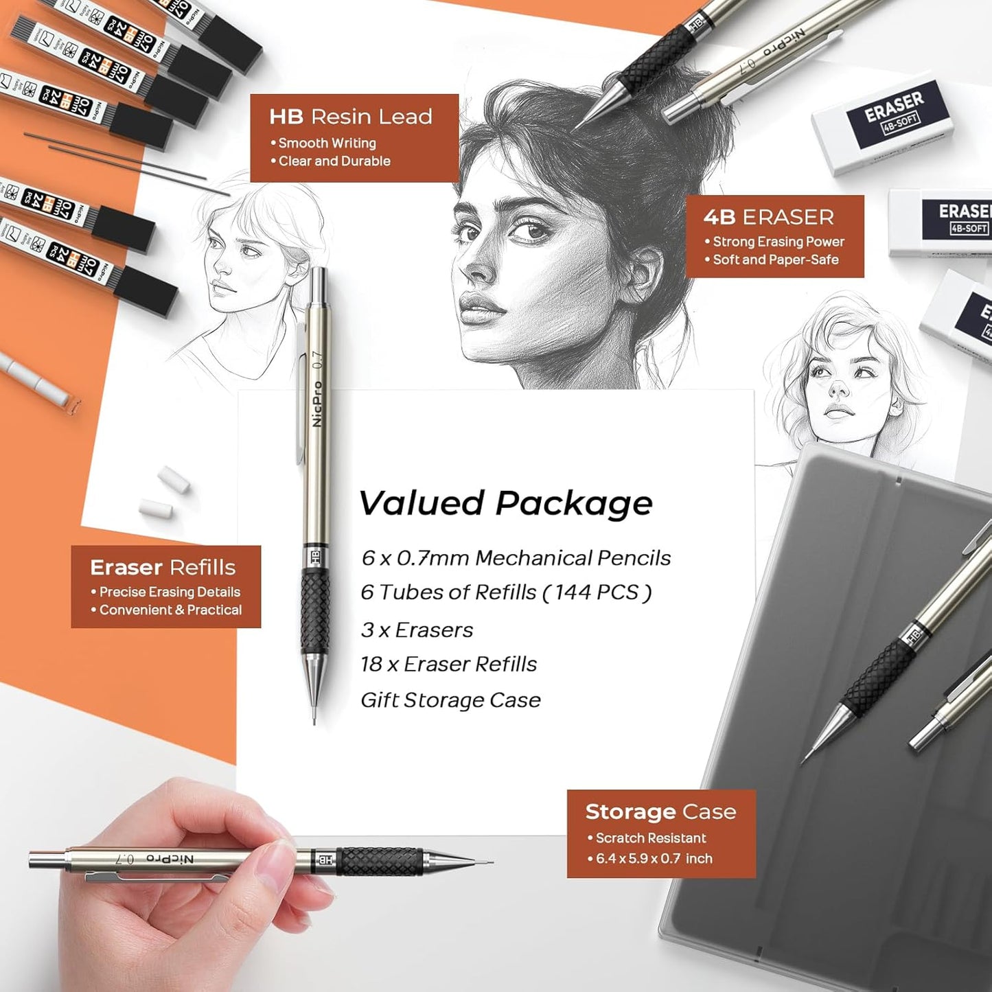 Nicpro 0.7 mm Art Mechanical Pencils Set, 6 PCS Metal Drafting Pencil 0.7mm Tube HB Lead Refills & 18 Cap Eraser for Adults, Children, Artist Writing, Drawing, Sketching, Black, 1 Count (Pack of 6)