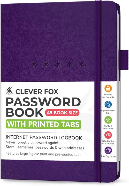Clever Fox Password Book – Alphabetized Internet Address & Password Organizer – Computer & Website Password Keeper Notebook – Log-In Password Journal - Medium, A5, 8.3x5.8″, Hardcover (Purple)