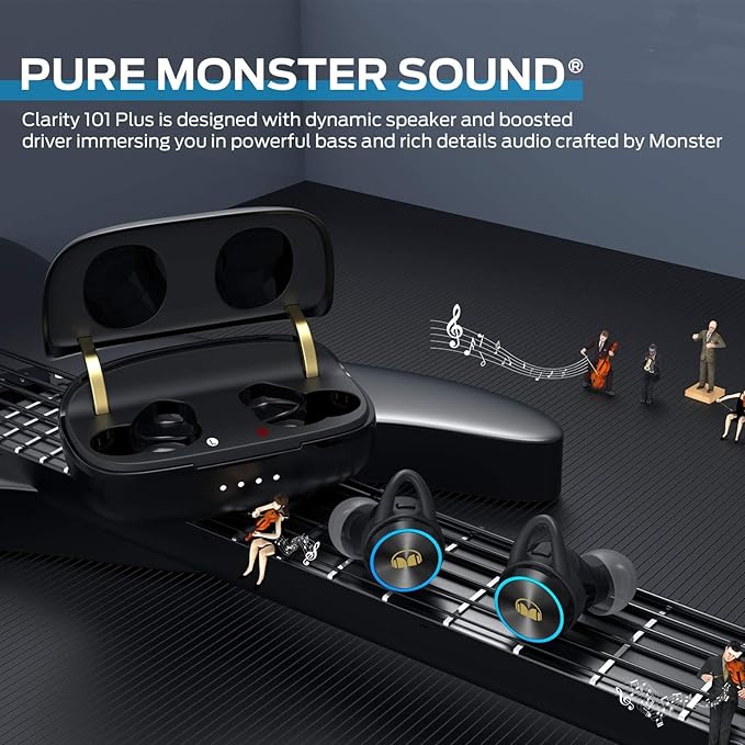 Monster Clarity 101Plus AirLinks Wireless Earbuds, Bluetooth 5.0 in-Ear Headphones with Charging Case, Stereo Earphones Deep Bass Sound, Built-in Mic, Clear Call, Water Resistant Design for Sports.
