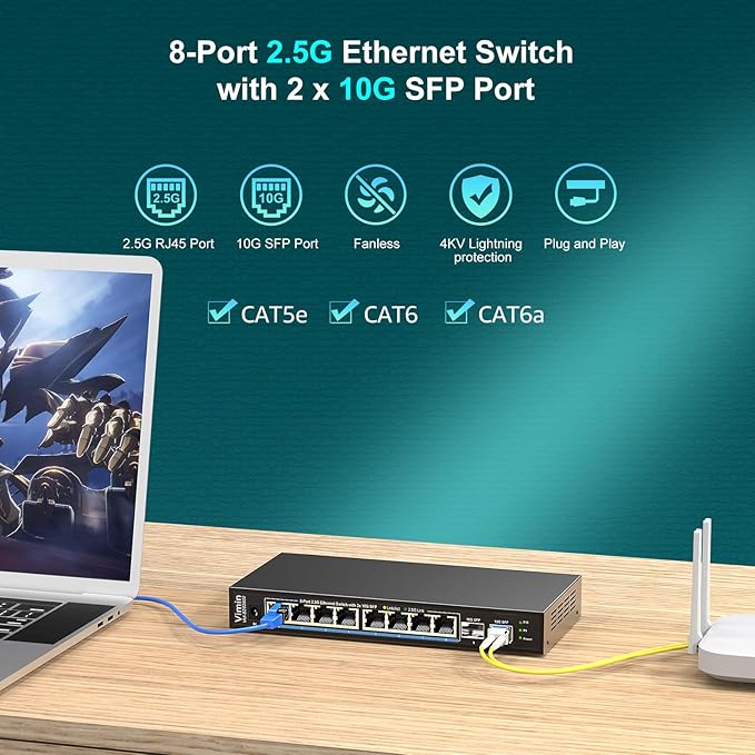 10 Port 2.5G Switch Unmanaged, VIMIN 8X 2.5G Switch Base-T Ports+2X 10G SFP Port, 80Gbps Switching Capacity, IEEE802.3, Metal Housing, Fanless, Work for 2.5Gbps NAS, Wireless AP & PC
