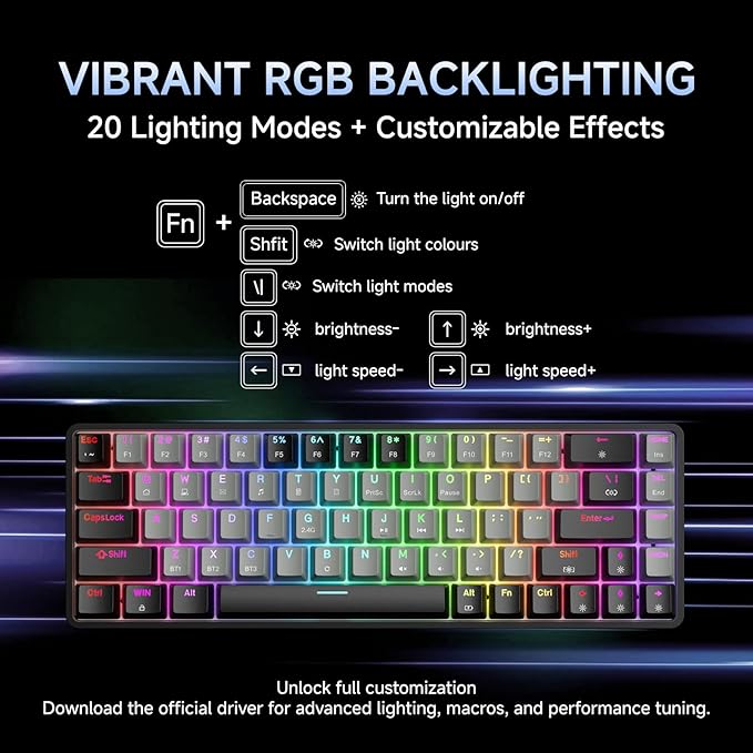 DIERYA DK68 60% Wireless Mechanical Gaming Keyboard, 3 Modes Bluetooth/2.4G/USB-C with Clicky Blue Switch, RGB Backlit, Anti-Ghosting, 68-Key Compact mini Keyboard for Windows/macOS/Linux- Black/Grey