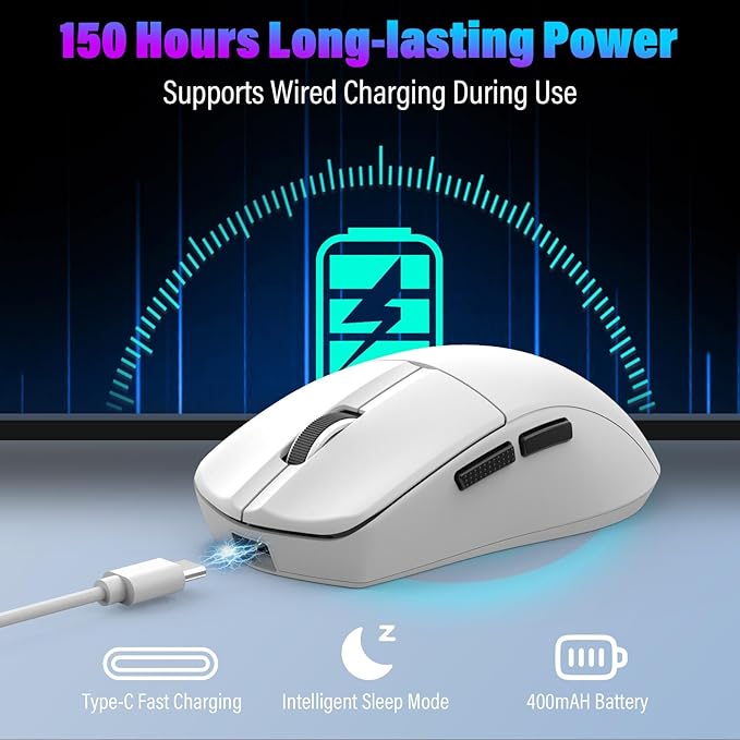 XuanGui Wireless Gaming Mouse,2.4G/BT/USB-C Wired,5-Level DPI 4000 Max,50g Lightweight,1000Hz Polling Rate,Macro Program,Side Buttons,44-Hour Battery Life,For Laptop/PC/Computer/Mac/Tablet (White-2)