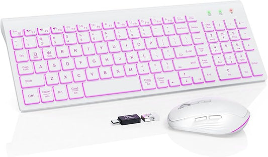 SABLUTE Wireless Keyboard and Mouse Combo Backlit - Compact Quiet Keyboard with RGB Mouse, Rechargeable, Slim, Sleep Mode, Portable Cordless Keyboard Mouse Set for Mac, Windows, Laptop (Polar White)