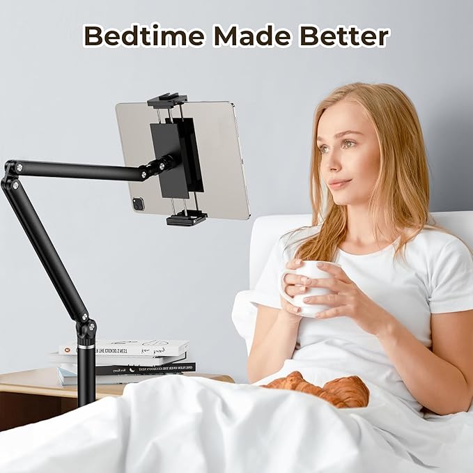 Tablet Floor Stand with 10.6 LB Heavy Metal Base, Adjustable Height Stretchable Arm Overhead Bed Phone Stand, Compatible with iPad mini Air Pro, Kindle, Switch, Galaxy Tab, Cell Phones