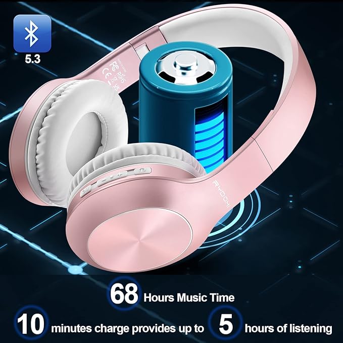Bluetooth Headphones Over Ear, 68H Playtime 3 EQ Music Modes Wireless Headphones with Microphone/Deep Bass, HiFi Stereo Foldable Headset for PC Home Travel Office (Rose Gold)