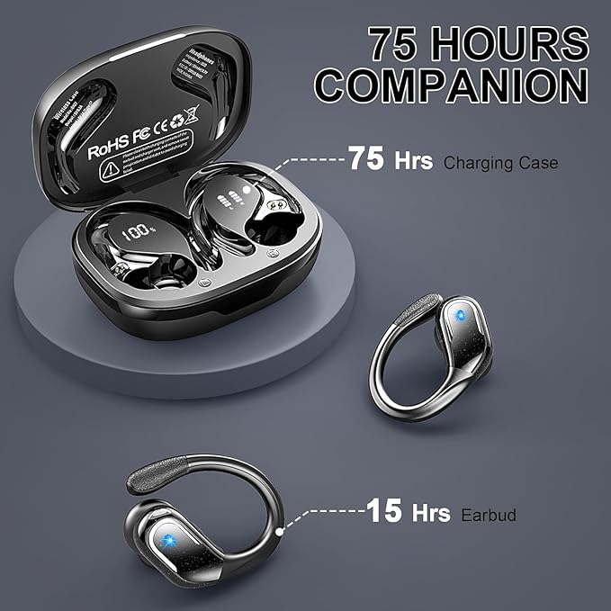 Wireless Earbuds Sport Bluetooth Headphones 5.4, 2025 Bluetooth Earbuds 75Hrs Stereo, 4 HD Mic, Over-Ear Buds with Earhooks ENC Noise Canceling Earphones, IP7 Waterproof Headset for Workout/Running