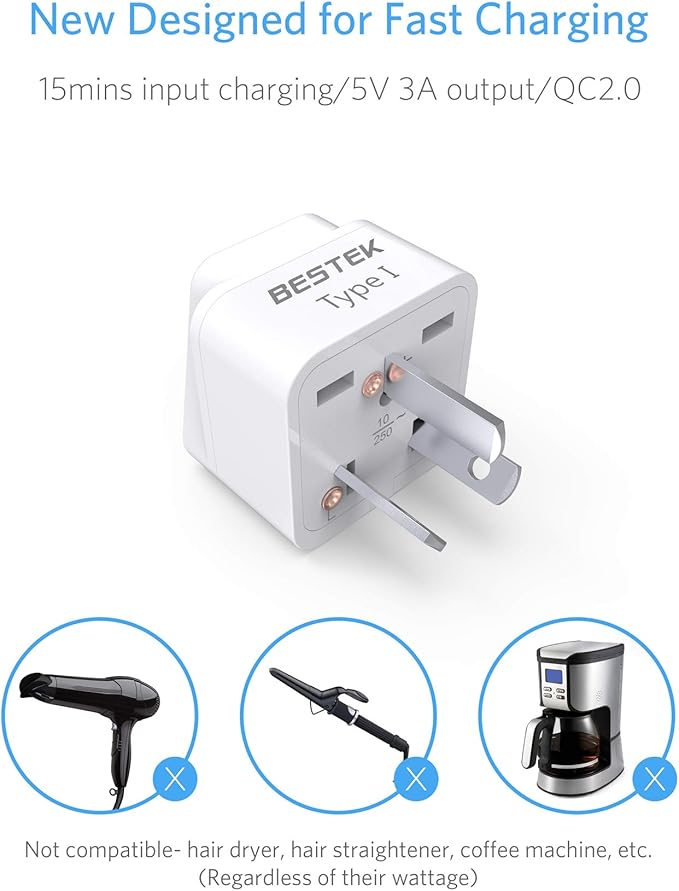 BESTEK Australia New Zealand Travel Plug Adapter, Grounded Universal Type I Plug Adapter AU to US Adapter, Compact for Australia, New Zealand and More