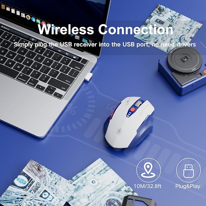 Wireless Mouse, [Upgraded] Visible Battery Display，Rechargeable Laptop Mice 2.4G USB, 4 Adjustable DPI Levels,Optical Ratón Wireless for Laptop PC Computer,White and Blue